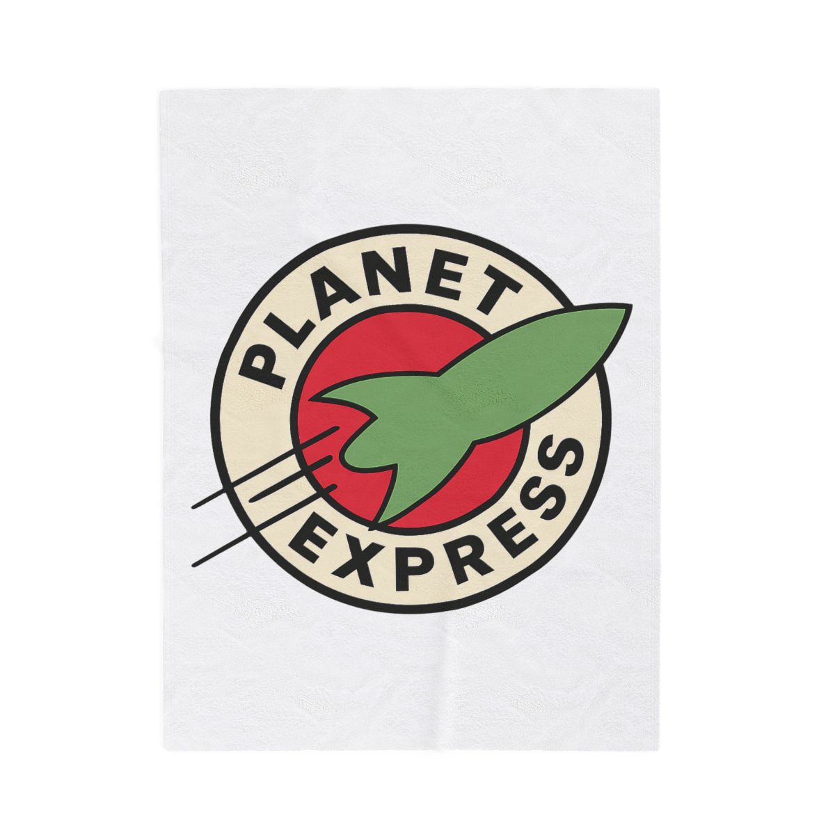 Green fleece throw blanket featuring a white circle with the words "Planet Express" and a red circle with a green rocket ship. - Official Creator merchandise