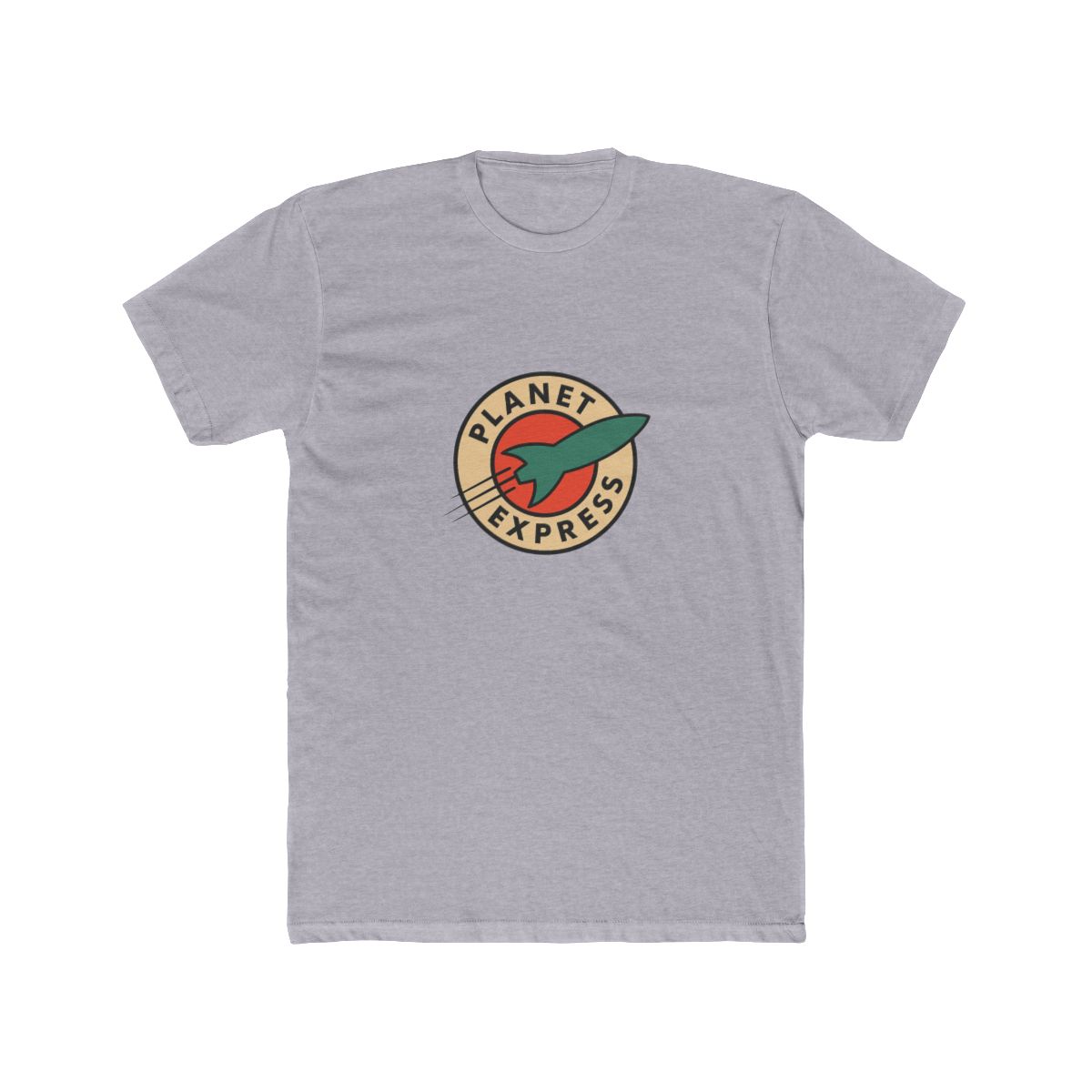 Dark grey t-shirt with a white circle logo featuring a red and orange planet with a green rocket ship. The logo says "Planet Express" in a white font. — official Futurama T-Shirts