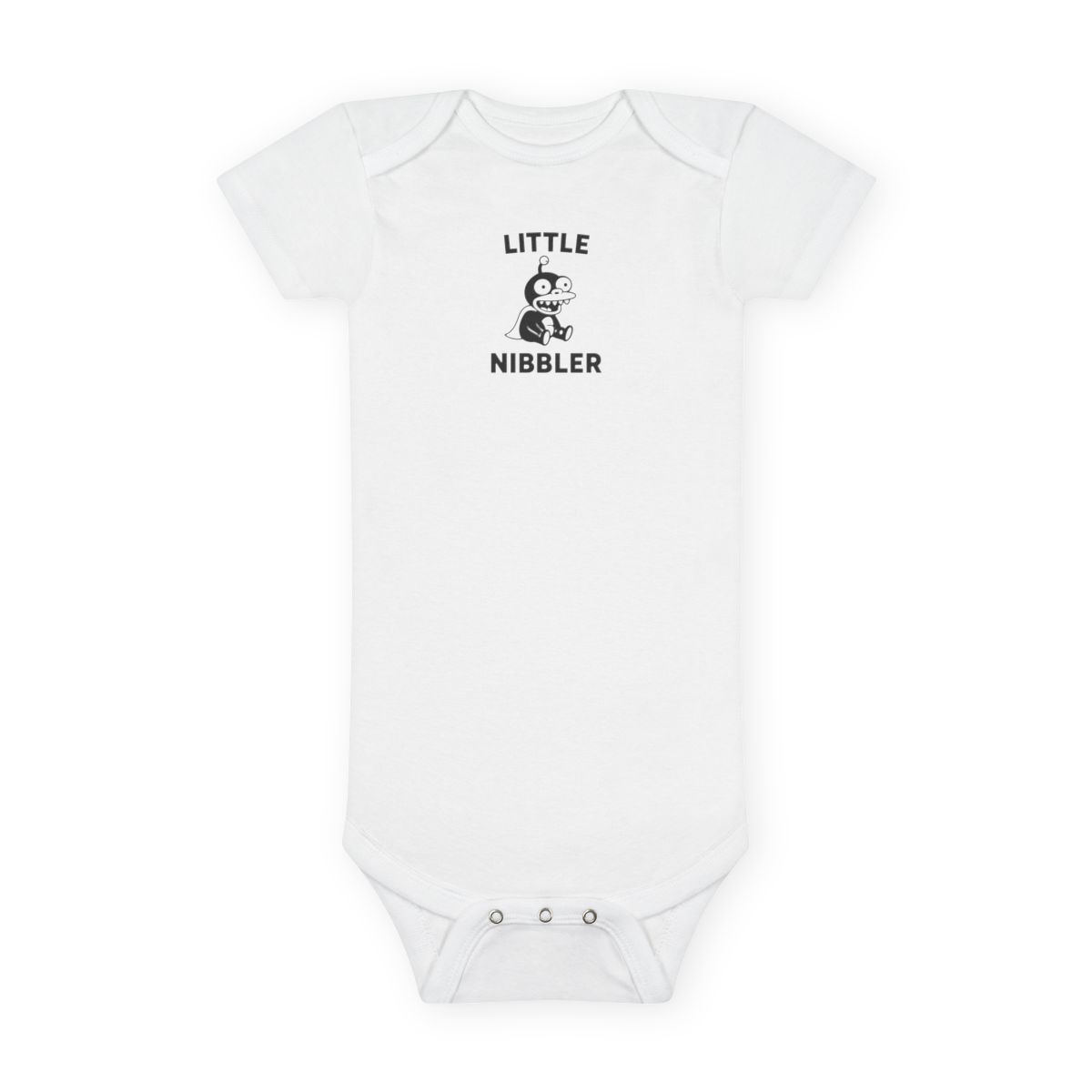 White baby onesie with black text that reads "LITTLE NIBBLER" and a black and white cartoon image of a character with a cape. - Official hats merchandise