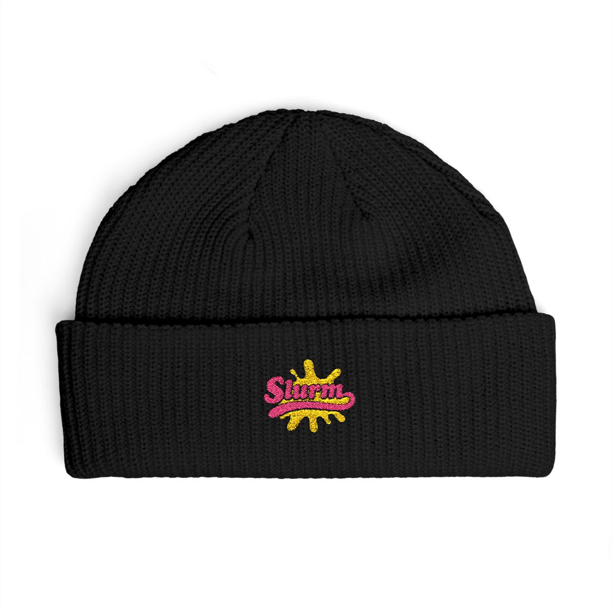 A turquoise blue beanie with a green and pink "Slurm" logo embroidered on the front.