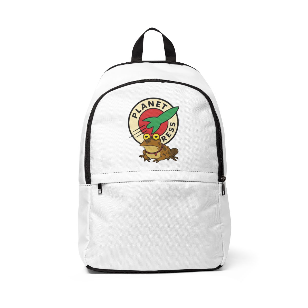Purple backpack with a Planet Express logo, featuring a green rocket and the words "Planet Express". A cartoon frog with glowing yellow eyes is below the logo. The backpack has a black handle and... - Official Creator merchandise
