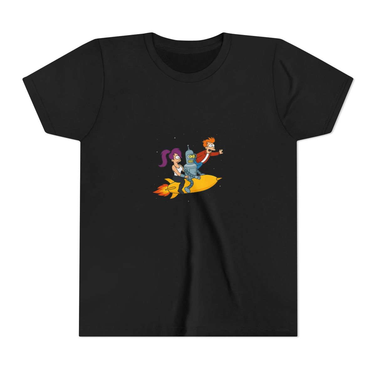 A grey t-shirt featuring a graphic of Leela, Bender and Fry from Futurama. Leela is riding Bender, who is flying through space. Fry is holding onto Bender's head. The graphic is in a cartoon style and... - Official t-shirts merchandise