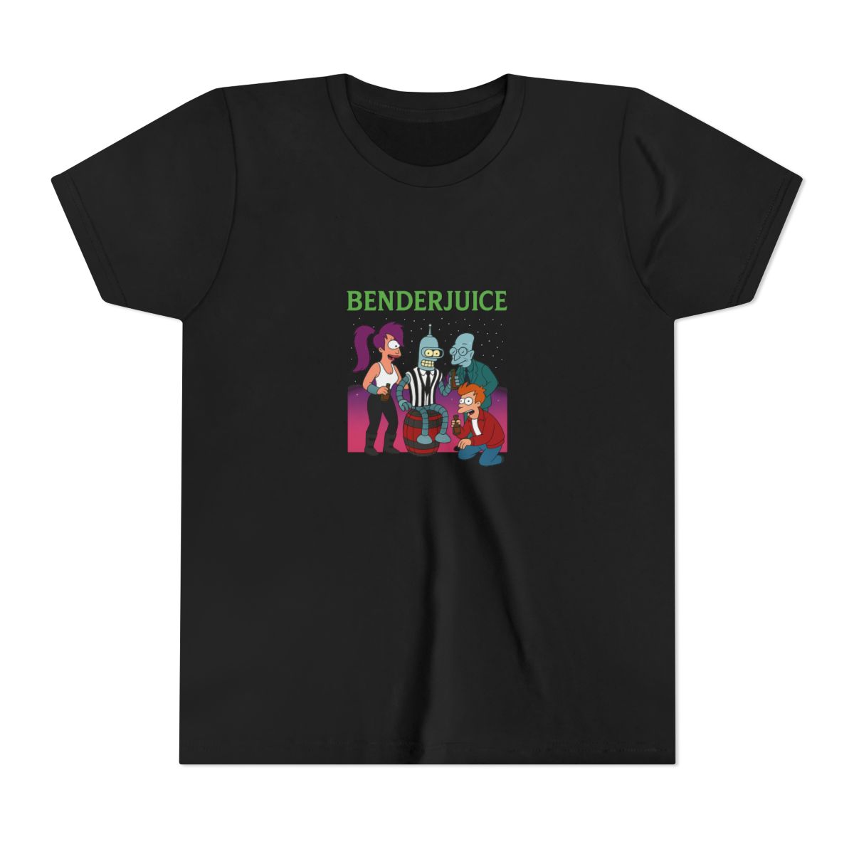A white t-shirt featuring a graphic print of characters from the animated television series Futurama. The graphic depicts Bender, Leela, Fry, and Hermes. The text "BENDERJUICE" is printed in green... - Official t-shirts merchandise
