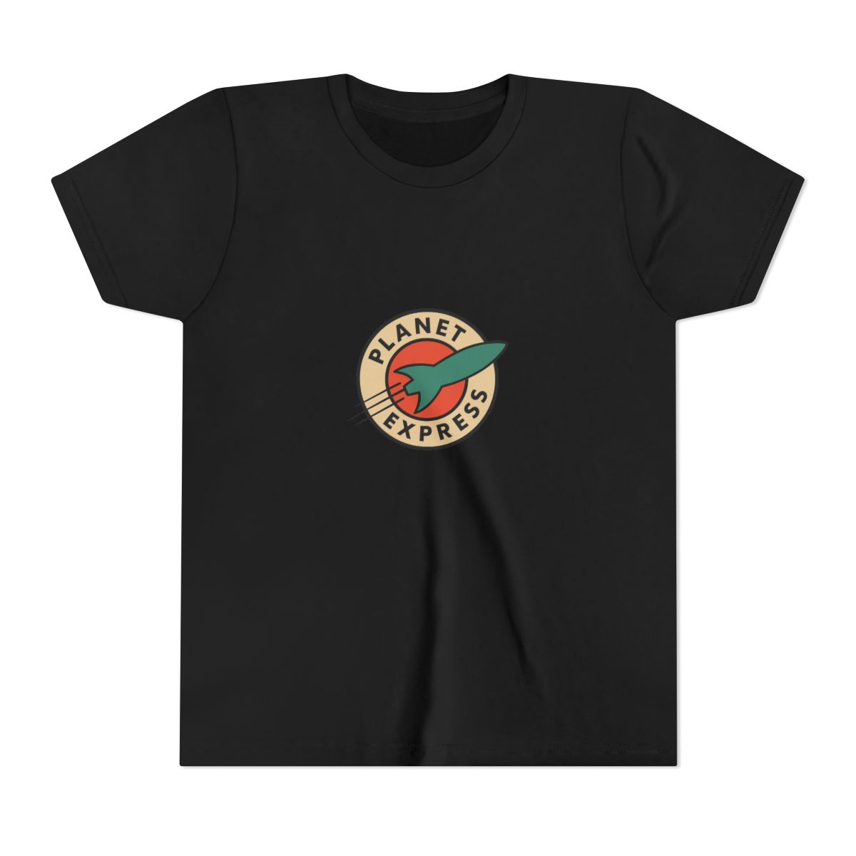 Dark grey t-shirt with a white circle logo featuring a red and orange planet with a green rocket ship. The logo says "Planet Express" in a white font. (Kids)
